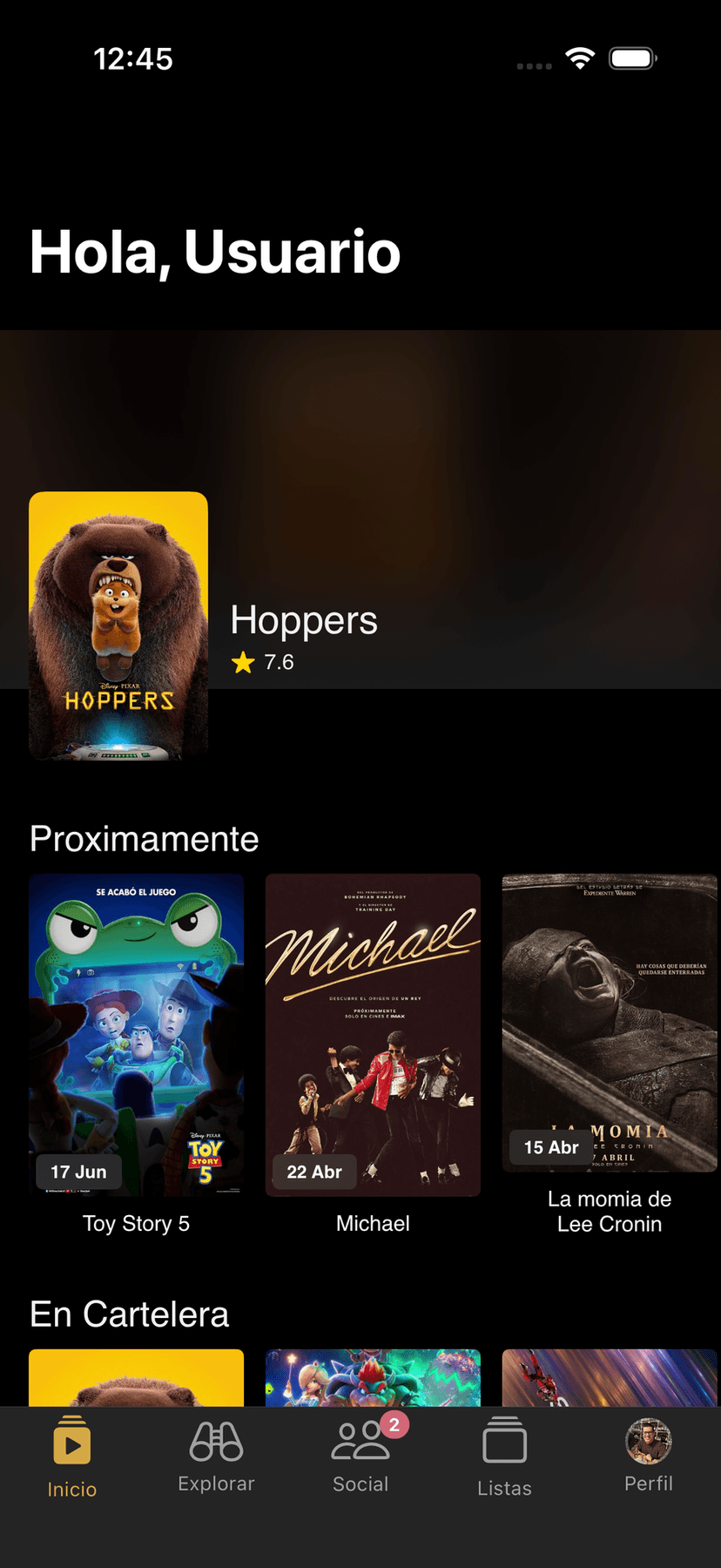 Pantalla principal de Cinalis