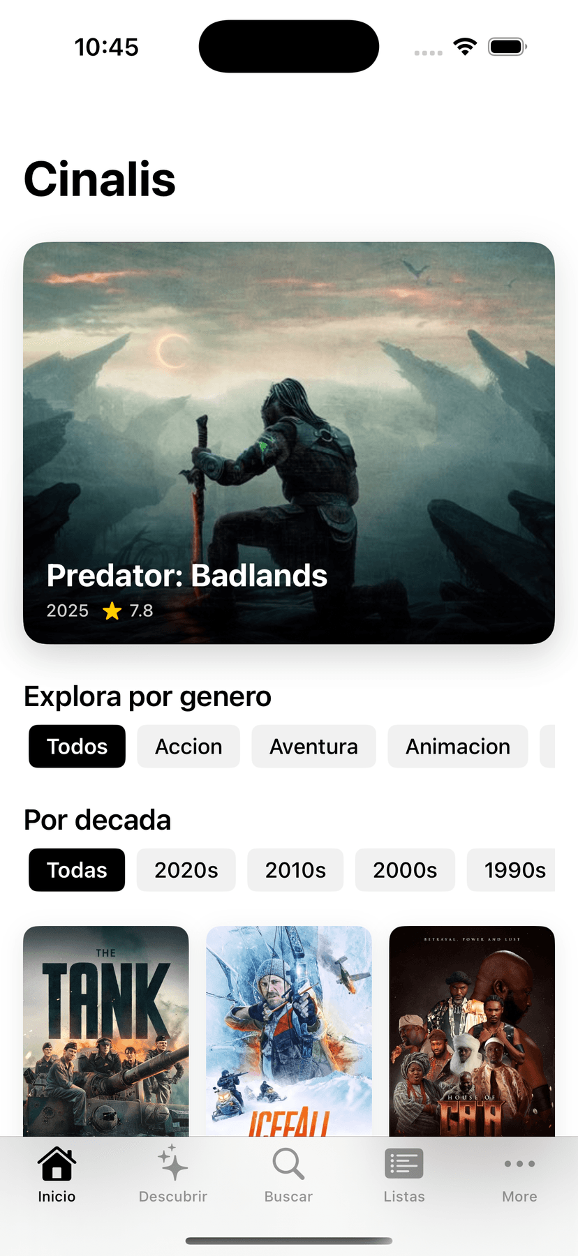 Pantalla principal de Cinalis